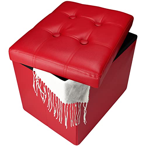 Bsketa Storage Ottoman, Folding Foot Stool with Thicker Foam Padded Seat Small Leather Storage Ottoman Bench Foot Rest for Living Room Foldable Coffee Table 17x13x13in,Red - color: Red