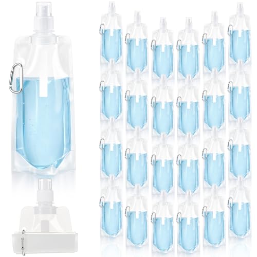 Teenyyou 24 Pack Collapsible Water Bottles Bulk 16oz Foldable Water Bottles with Carabiner Reusable Drinking Leak Proof Container Bags for Sport Biking Hiking Camping Travel Outdoor (Transparent) - color: Transparent
