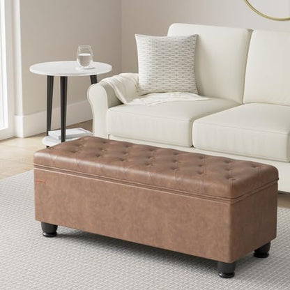 SONGMICS Storage Ottoman, Storage Bench, Tufted Entryway Bedroom Bench, 17.7 x 46.5 x 17.7 Inches, Hinges Easy Lid Operation, Wooden Legs, Synthetic Leather, Loads 330 lb, Coffee Brown ULOM071K01 - color: Coffee Brown, style: Classic(17.7"D x 46.5"W x 17.