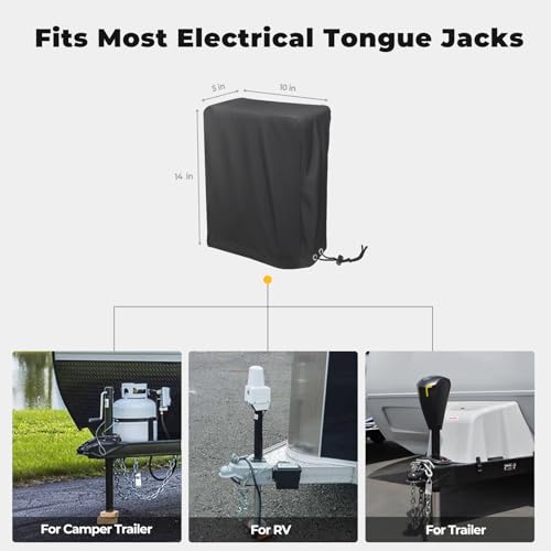 Electric Tongue Jack Cover, BougeRV 600D Universal Trailer RV Electric Tongue Jack Protective Cover (Size 14″H x 5″W x 10″D) - color: Black