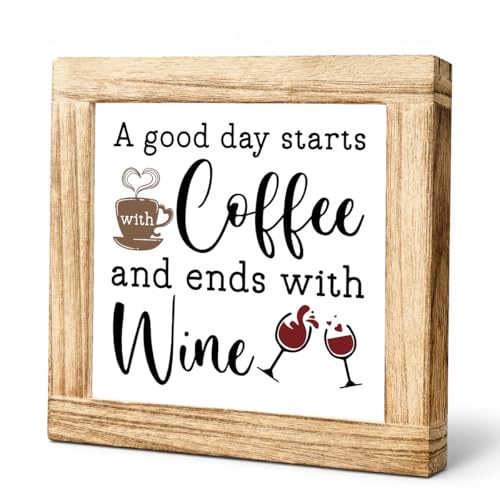 Coffee Decor Sign Good Day Starts With Coffee And Ends With Wine Rustic Coffees Wooden Plaque Wooden Decor Sign For Farmhouse Home Kitchen Bar Shelf Table Funny Gifts For Family Friend 5.9x5.9 inches - color: Coffee 19