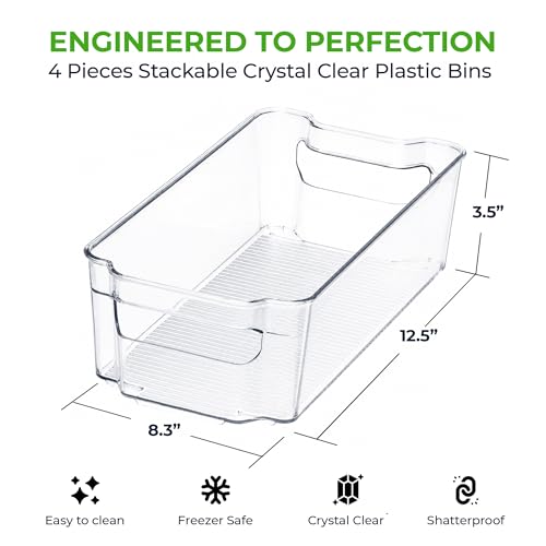 Zulay Kitchen 4 Pack Clear Refrigerator Organizer Bins - Large Fridge Organizers and Storage Containers - Transparent, BPA Free, Durable, Shatterproof - size: L 12.5" x W 8.3"
