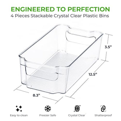Zulay Kitchen 4 Pack Clear Refrigerator Organizer Bins - Large Fridge Organizers and Storage Containers - Transparent, BPA Free, Durable, Shatterproof - size: L 12.5" x W 8.3"