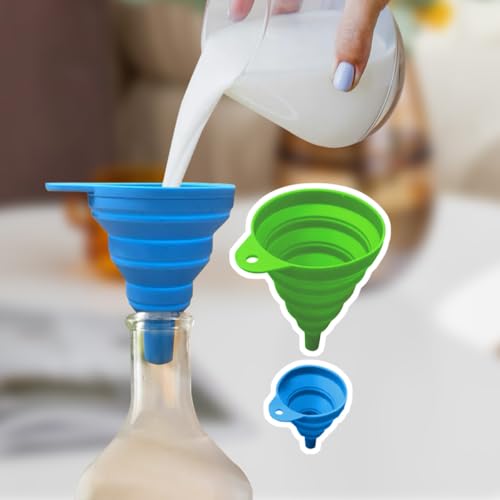 Kitchen Funnel Set 2 Pack, Small and Large, Kitchen Gadgets Accessories Foldable Silicone Collapsible Funnels for Filling Water Bottle Liquid Transfer Food Grade(Green,Blue) - color: Green+Grey