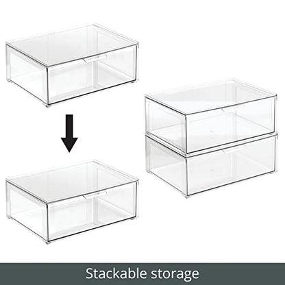 mDesign Plastic Stackable Bathroom Storage Organizer Bin Containers with Front Pull Drawer for Bathroom Countertop, Vanity, Closet Shelves - Holder for Beauty Accessories - Lumiere Collection - Clear - size: 16 x 12 x 6 (Pack of 1)