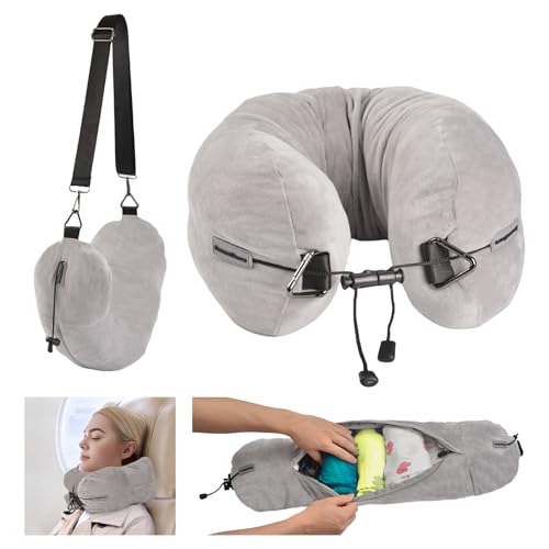 DreamShore Travel Pillow for Extra Luggage: Stuffable Neck Pillow with Adjustable Neck Size | Fits 3+ Days of Travel Essentials | Transformable Carry-On Solution | Soft Velvet Cover | No Filler - color: Grey