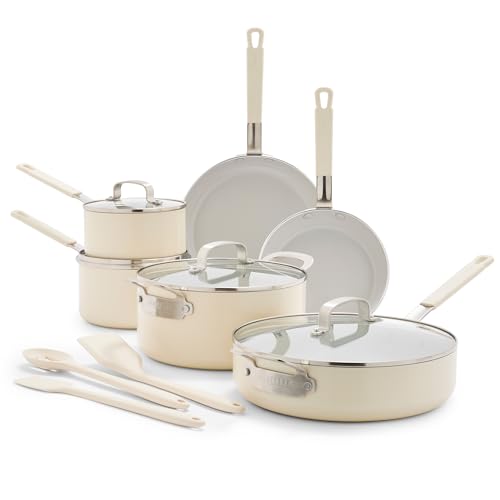 GreenPan x Bobby Flay 13 Piece Nonstick Cookware Pots and Pans Set, PFAS-Free Diamond Ceramic, Induction Suitable, Easy Clean Dishwasher & Oven Safe, Stay-Cool Silicone Handles, Glass Lids, Cream - color: Cream