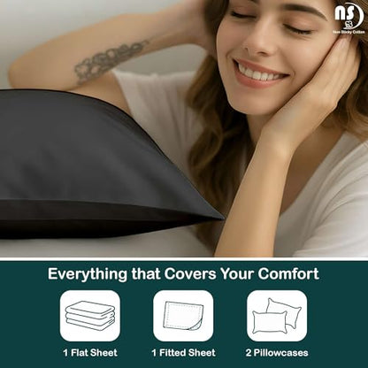 NON Sticky cotton 4 Piece Premium Egyptian Cotton Twin Bed Sheet Set, 15" Deep Pocket Fitted, Easy Care, Soft Sheets for Bedroom and Home Mattress, 39" x 75", Dark Grey Solid - color: Dark Grey Solid, size: Twin