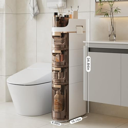 VECELO 4-Tier Slim Bathroom Storage Cabinet with Wheels, Skinny Bathroom Storage Cabinet with Drawers, Toilet Paper Holder, Movable Narrow Floor Cabinet for Small Space, Bathroom - size: 16.14" x 6.69" x 34.84"