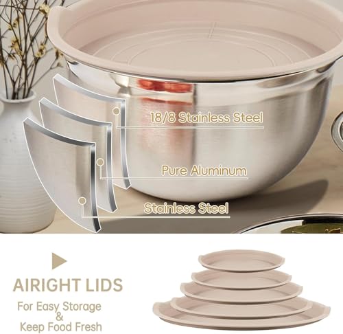 WEPSEN Mixing Bowls Set, 25PCS Khaki Mixing Bowls With Lids Set Stainless Steel Kitchen Large Nesting Metal Bowl 7QT to 1.5QT, Measuring Cups and Spoons for Prepping Cooking Serving - color: Khaki Bowls Set