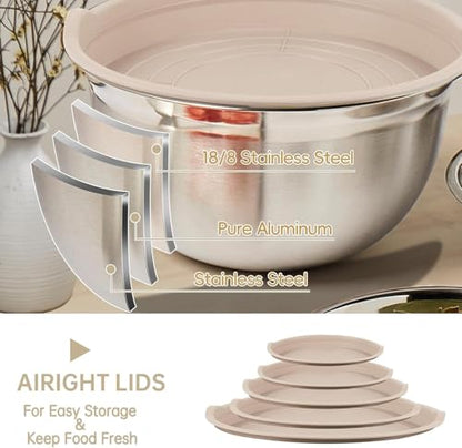 WEPSEN Mixing Bowls Set, 25PCS Khaki Mixing Bowls With Lids Set Stainless Steel Kitchen Large Nesting Metal Bowl 7QT to 1.5QT, Measuring Cups and Spoons for Prepping Cooking Serving - color: Khaki Bowls Set