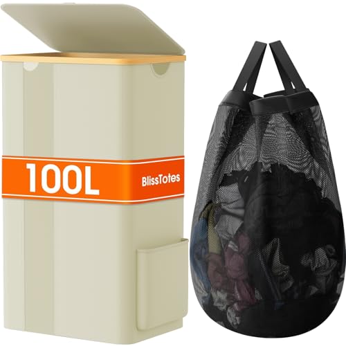 BlissTotes Laundry Basket with Lid, 100L Clothes Laundry Hamper with Handles and Removable Laundry Bag, Breathable Design Hamper with Lid for Bedroom, Bathroom, Dorm, Laundry Room - Beige - color: Beige, size: 100l