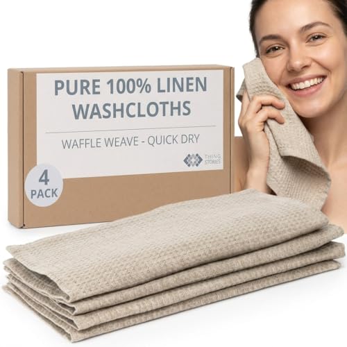 Flax Linen Washcloths for Bathroom - Waffle Washcloths 4-Pack 10x10 inch - Linen Face Cloths - Waffle Weave Cleaning Cloths with Loop - Exfoliating Face Towel for Women - color: Natural Linen, size: Washcloths