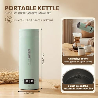 Portable Electric Kettle forTravel, Small Hot Water Kettle with NTC Temperature Control and Auto Shut-Off, 316 Stainless Steel, Green 120V & 15oz - color: green