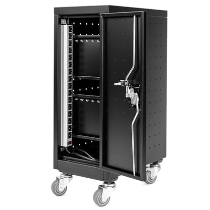 Line Leader Compact 16 Device Rolling Mobile Charging Cart for Chromebooks, Laptops, Tablets, Charging Station For Classrooms and Offices, Includes Power Strip and Locking Cabinet (Black, 34in x 23in)