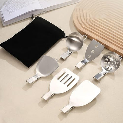 Camping Cooking Utensil Set Foldable 304 Stainless Steel Spatula Turner Soup Spoon Kit Portable Kitchen Utensils Folding Cookware Kit for Outdoor Travel Hiking Picnic (Silver F, Spatula) - color: Silver F, Spatula