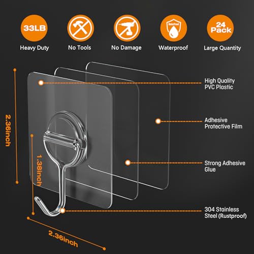 Adhesive Wall Hooks for Hanging Heavy Duty 33lb(Max), Waterproof and Rustproof Transparent Self Adhesive Hooks for Bathroom Kitchen Outdoor and Home Improvement -24 Pack - size: 01-Clear-24Pack