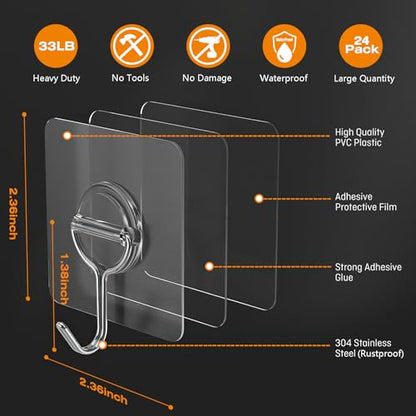 Adhesive Wall Hooks for Hanging Heavy Duty 33lb(Max), Waterproof and Rustproof Transparent Self Adhesive Hooks for Bathroom Kitchen Outdoor and Home Improvement -24 Pack - size: 01-Clear-24Pack