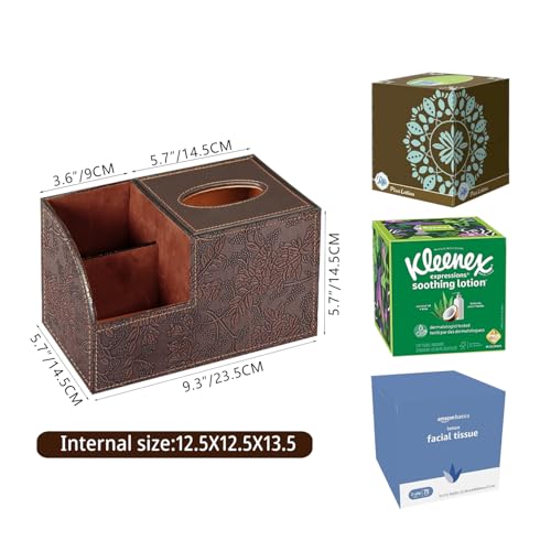 PU Leather Square Tissue Box Cover - Multi-Functional Tissue Box Holder, Tissue Box Cover with Storage,Tissue and Remote Control Holder, Cube Tissue Box Organizer Bedroom Nightstand End Table - color: Retro