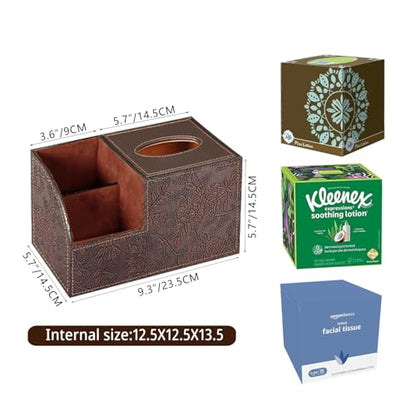 PU Leather Square Tissue Box Cover - Multi-Functional Tissue Box Holder, Tissue Box Cover with Storage,Tissue and Remote Control Holder, Cube Tissue Box Organizer Bedroom Nightstand End Table - color: Retro