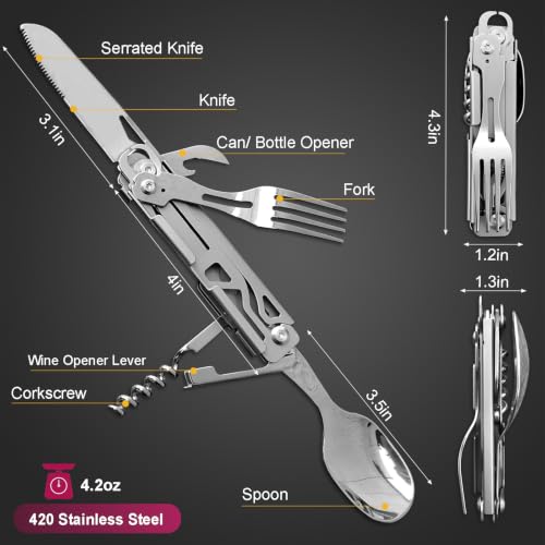 6 in 1 Detachable Camping Utensils Flatware Set, Multifunction Travel Pocket Cutlery Folding Spoon, Fork, Knife, Wine Bottle Can Opener Portable Combo Set Stainless Steel
