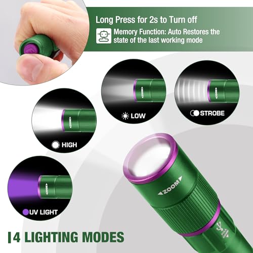 EverBrite Rechargeable Pen Flashlight with UV Light and White Light, 395nm Black Flashlight with Clip, Zoomable 4 Modes with Memory, USB C Cable, for Camping, Emergency, Pet Urine Detection,Green - color: Green