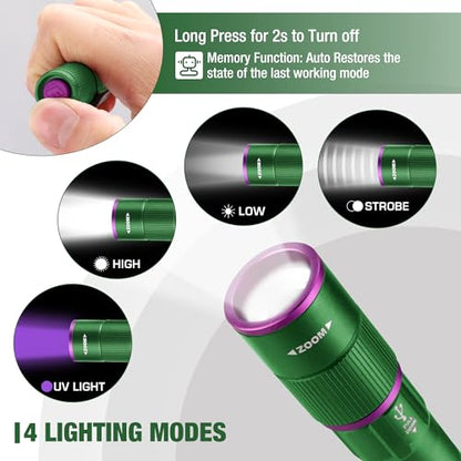 EverBrite Rechargeable Pen Flashlight with UV Light and White Light, 395nm Black Flashlight with Clip, Zoomable 4 Modes with Memory, USB C Cable, for Camping, Emergency, Pet Urine Detection,Green - color: Green