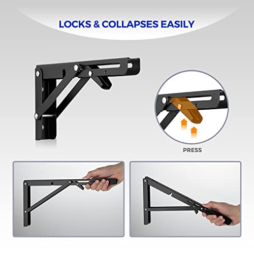 Ravinte 2 Pack 14 Inch Folding Shelf Brackets – Matte Black, Heavy Duty Collapsible Brackets for Tables and Benches – Space-Saving Design - size: 14 Inch