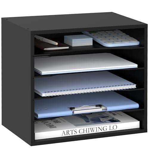 SUPEASY Wood Desk Organizer, 5 Tier Paper File Organizer for Desk, Wooden Desktop Organizer, Paper Letter Literature Mail Sorter, for Office School & Home Organization, Black - color: Black, size: 13.4" x 9.1" x 12", style: 5 Compartments