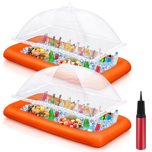 Leitee 5 Pcs Inflatable Serving Bar Kit Includes Salad Buffet Tray with Drain Plug Mesh Food Cover Food Drink Containers and Inflator for Ice Supplies Summer Party Camping Picnic(Orange) - color: Orange