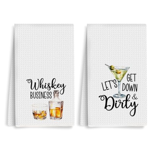2Pcs Funny Kitchen Towels 24x14 Inch, Whiskey Dirty Alcohol Decor Waffle Weave Hand Towels for Kitchen Bar, White Absorbent Microfiber Dish Cloth Tea Towel Housewarming Gifts for Women Hostess - color: Multi 0316