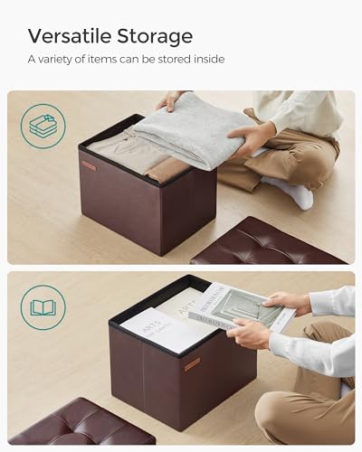 SONGMICS Small Folding Storage Ottoman, Foot Rest Stool, Cube Footrest, Synthetic Leather, 12.2 x 16.1 x 12.2 Inches, 286 lb Capacity, for Living Room, Bedroom, Dorm, Chestnut Brown ULSF100K02 - color: Chestnut Brown, style: Synthetic Leather