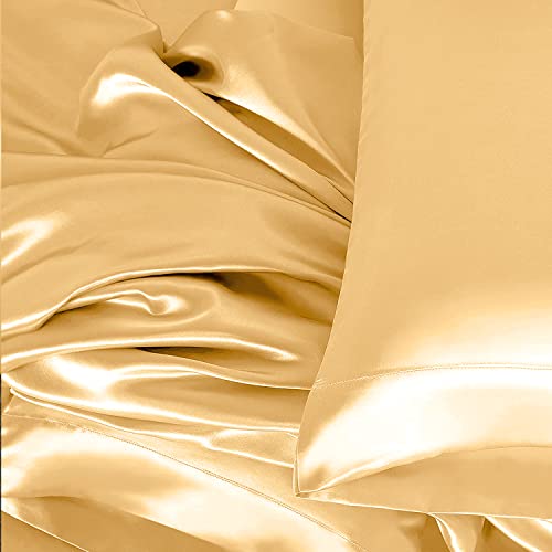 Homiest 3pcs Satin Sheets Set Luxury Silky Satin Bedding Set with Deep Pocket, 1 Fitted Sheet + 1 Flat Sheet + 1 Pillowcase (Twin Size, Gold) - color: Gold, size: Deep pocket - Twin size