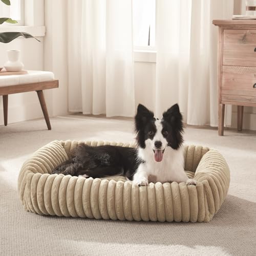FURTIME Dog Bed Medium Size Dog, Washable Orthopedic Pet Bed with Removable Cover, Rectangle Soft Calming Sleeping Puppy Bed Durable Pet Cuddler with Anti-Slip Bottom, Beige, M Plus (30"x24"x8") - color: Beige, size: M Plus (30"x24"x8")