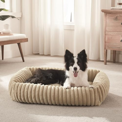 FURTIME Dog Bed Medium Size Dog, Washable Orthopedic Pet Bed with Removable Cover, Rectangle Soft Calming Sleeping Puppy Bed Durable Pet Cuddler with Anti-Slip Bottom, Beige, M Plus (30"x24"x8") - color: Beige, size: M Plus (30"x24"x8")