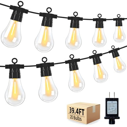 LED Outdoor String Lights with 20 Shatterproof Edison Bulbs, 39.4FT Commercial Grade Patio Lights, Replaceable Wick Outside Hanging Lights Waterproof for Porch, Deck, Garden, Backyard 2700K