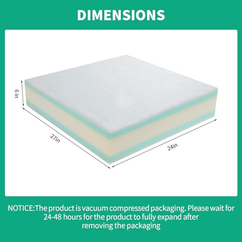 HOMBYS Memory Foam Couch Cushion Replacement, High Density Upholstery Foam Wrapped with Memory Foam & Polyester Batting, Sofa Cushions Inserts with Dacron Fiber Layer,with Removable Cover,6"x24"x27" - size: 6 inch Thick-24"x27"