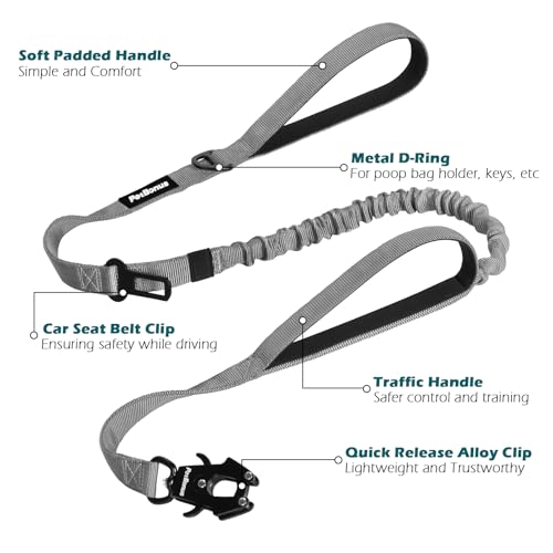 PetBonus Heavy Duty Tactical Dog Leash, 5 FT Bungee Shock Absorption Leash with 2 Padded Handles, Quick Release Metal Clip, Car Seatbelt, No Pull Training Lead for Large Medium Dogs（Grey） - color: Grey