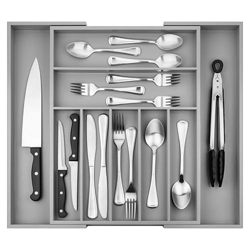 Purawood Bamboo Drawer Organizer - Expandable Silverware Organizer & Utensil Organizer, Cutlery Tray with Dividers, 7-9 Slots - Premium Kitchen Drawer Organizer for Utensils & Flatware (Grey) - color: Grey, size: 9 Slot
