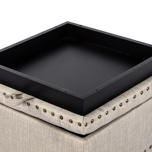 Adeco 18 Inch High Cube Ottoman Storage, Linen Beige Chair Foot Stools with Tray, Upholstered Vanity Stool with Solid Wood Legs - color: Beige With Nails