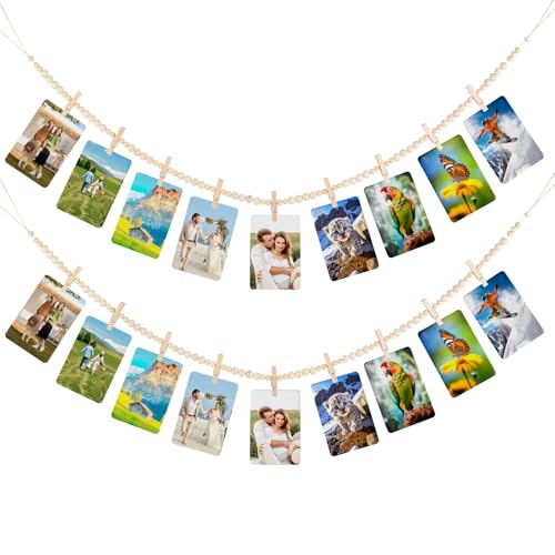 2 Pack Hanging Photo Display with Clips, Boho Wooden Bead Garland Wall Decor, Collage Picture Frame String with 9 Clips for Bedroom Living Room Dorm Office, Christmas Birthday Gifts for Teen Girls
