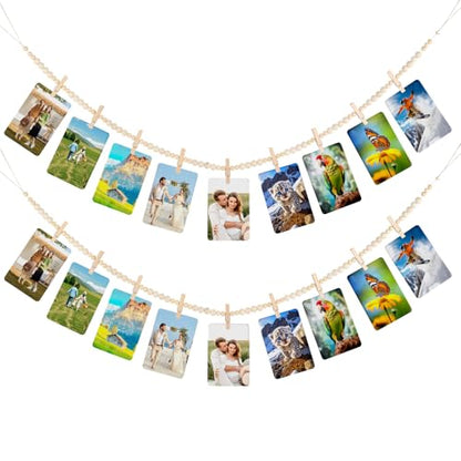 2 Pack Hanging Photo Display with Clips, Boho Wooden Bead Garland Wall Decor, Collage Picture Frame String with 9 Clips for Bedroom Living Room Dorm Office, Christmas Birthday Gifts for Teen Girls