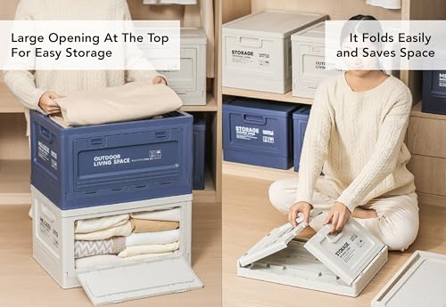 Collapsible Storage Container Bins with Lids, 50L Large Foldable Plastic Box with Handles, Folding Camping Box with 2 Side Doors, Portable Utility Crates for Outdoor, Indoor, Home and Office