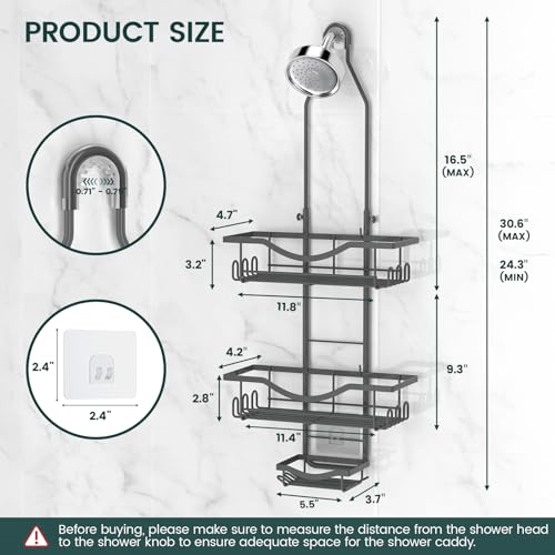 REINHARDT Shower Caddy Hanging Adjustable, Extended Length Rustproof Shower Caddy Over Shower Head with Hooks Soap Holder, Large Capacity Shower Organizer Anti-Swing Bathroom Organizer, Grey - color: Grey