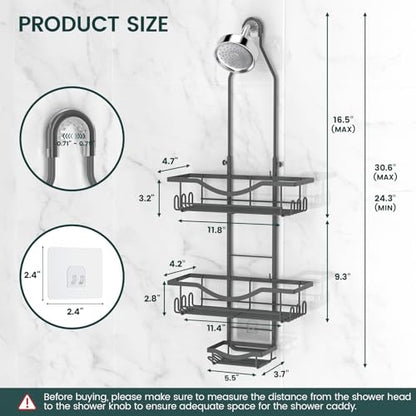 REINHARDT Shower Caddy Hanging Adjustable, Extended Length Rustproof Shower Caddy Over Shower Head with Hooks Soap Holder, Large Capacity Shower Organizer Anti-Swing Bathroom Organizer, Grey - color: Grey