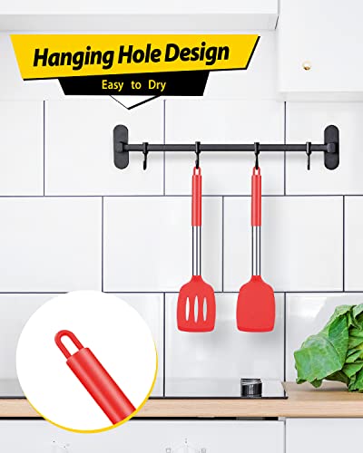 Pack of 2 Silicone Solid Turner, Non Stick Slotted Kitchen Spatulas, High Heat Resistant BPA Free Cooking Utensils, Ideal Cookware for Fish, Eggs, Pancakes(Red) - color: Red