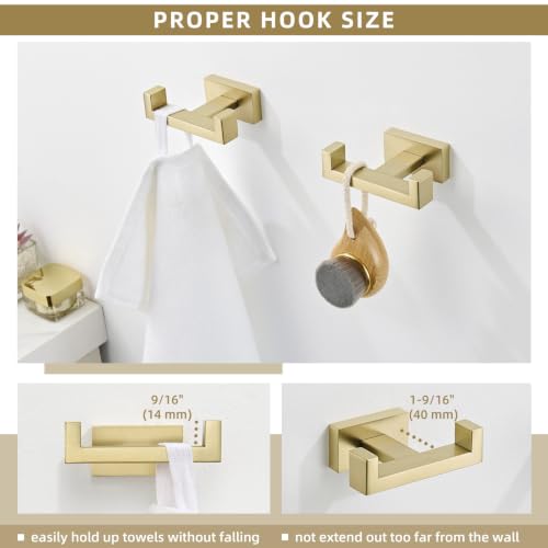 Angle Simple Double Towel Hook, SUS304 Stainless Steel Hand Towel Holder, Bathroom Robe Coat Hook for Wall, Brushed Gold, 2 Pack - color: Brushed Gold, size: 2 Pack