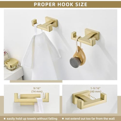 Angle Simple Double Towel Hook, SUS304 Stainless Steel Hand Towel Holder, Bathroom Robe Coat Hook for Wall, Brushed Gold, 2 Pack - color: Brushed Gold, size: 2 Pack
