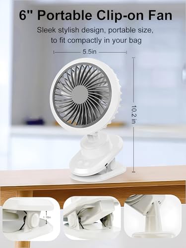 Portable Oscillating Desk Clip on Fan,10000mAh USB Rechargeable,Small Personal Fans,6-Inch Quiet,5Speed Strong Wind,Sturdy Clip,for Office/Bedroom/Room/Camping/Travel/Tent/Stroller.White