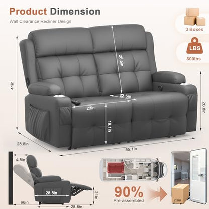 RV Loveseat Recliner Sofa, Reclining Loveseats Couch for RV Furniture, Home Theater Seating with Massage, USB, Insert Pockets, Cup Holders, 150° Wall Hugger RV Recliners Sleeper Sofa - color: Dark Gray, size: Loveseat-G1